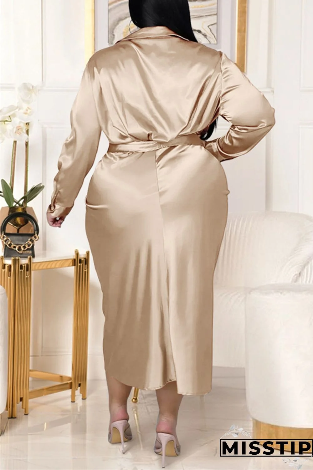 Black Fashion Casual Solid With Belt Turndown Collar Long Sleeve Plus Size Dresses