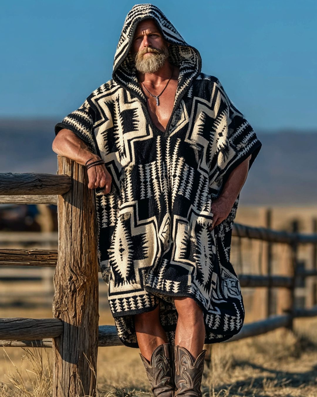 Men's ethnic Aztec print embroidered flannel hooded kaftan 28de