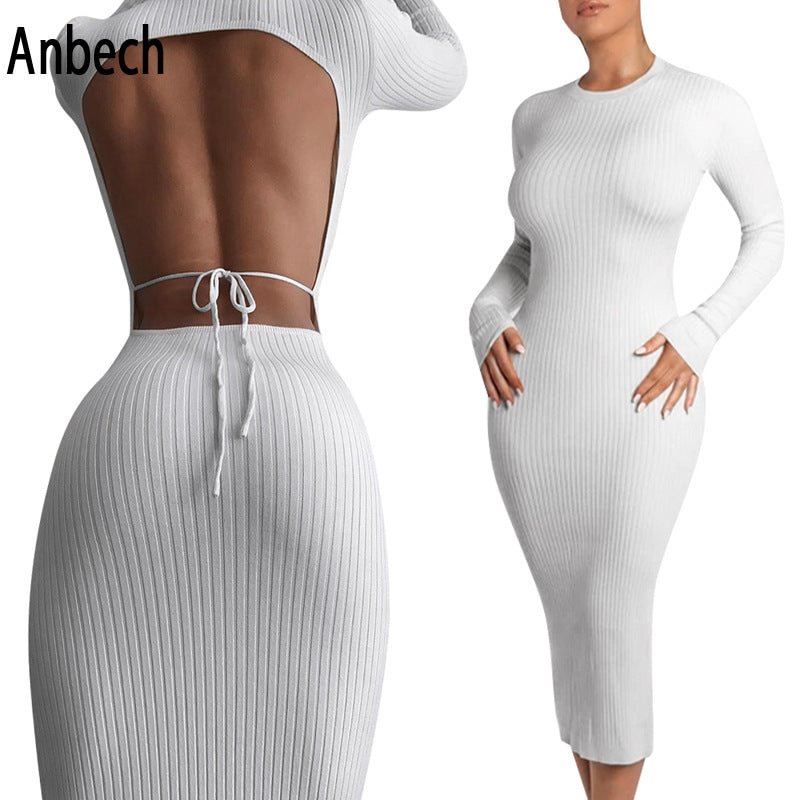 Solid Color Stitching Long Sleeve Dress Slim Fit Sexy Backless Lace Up Office Lady Sheath Skirt