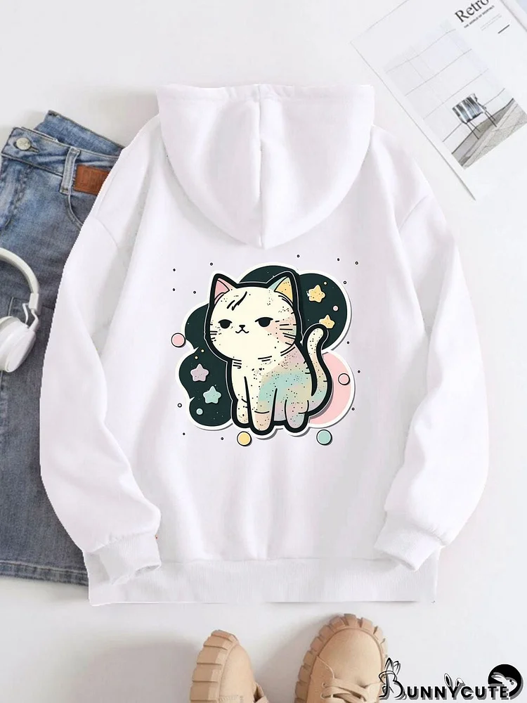 Printed on the Back Kangaroo Pocket Hoodie Long Sleeve for Women Pattern  Victorious Cat