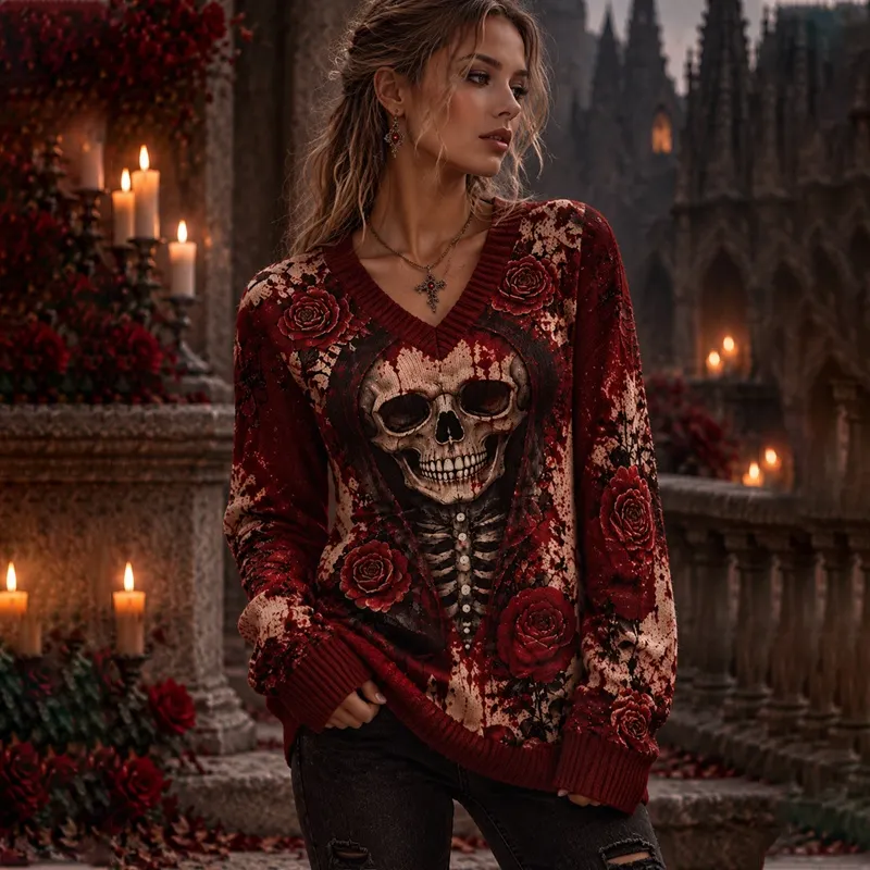 Comstylish Women's Halloween Skull Rose Bloodstain Print V-neck Sweater