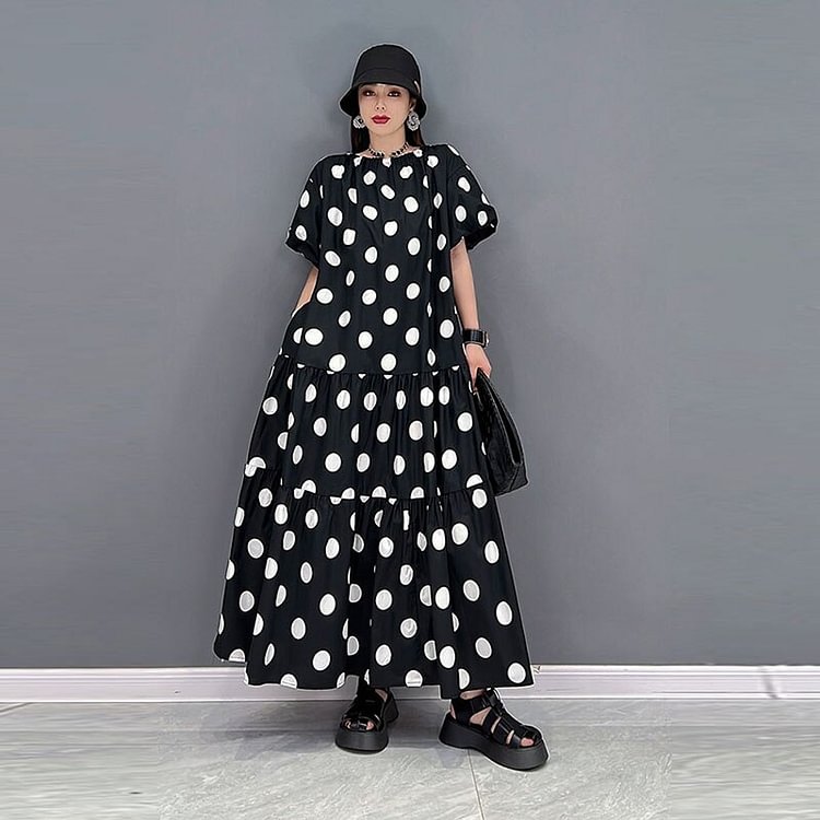 Casual Loose O-neck Dot Patchwork Double-sided Stitching Puff Sleeves Dress