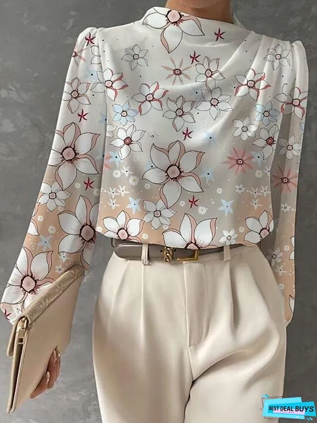 Half-high Neck Lantern Sleeve Printed Blouse
