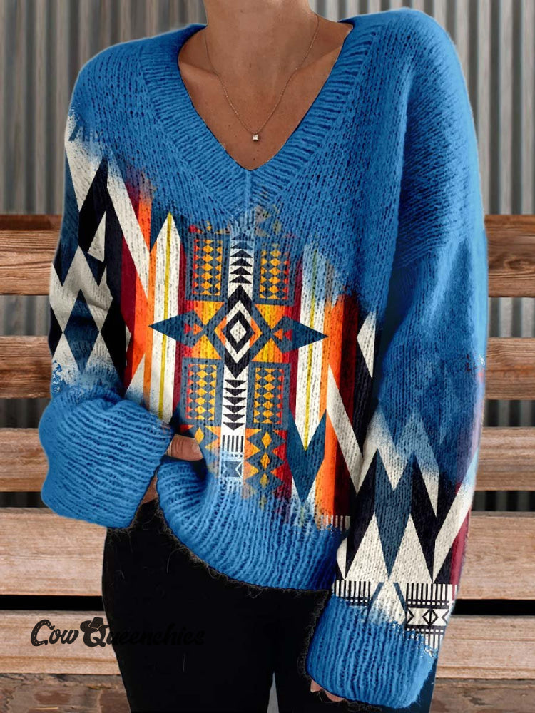Women’s Aztac Casual V-Neck Pullover Knit Multicolor / M