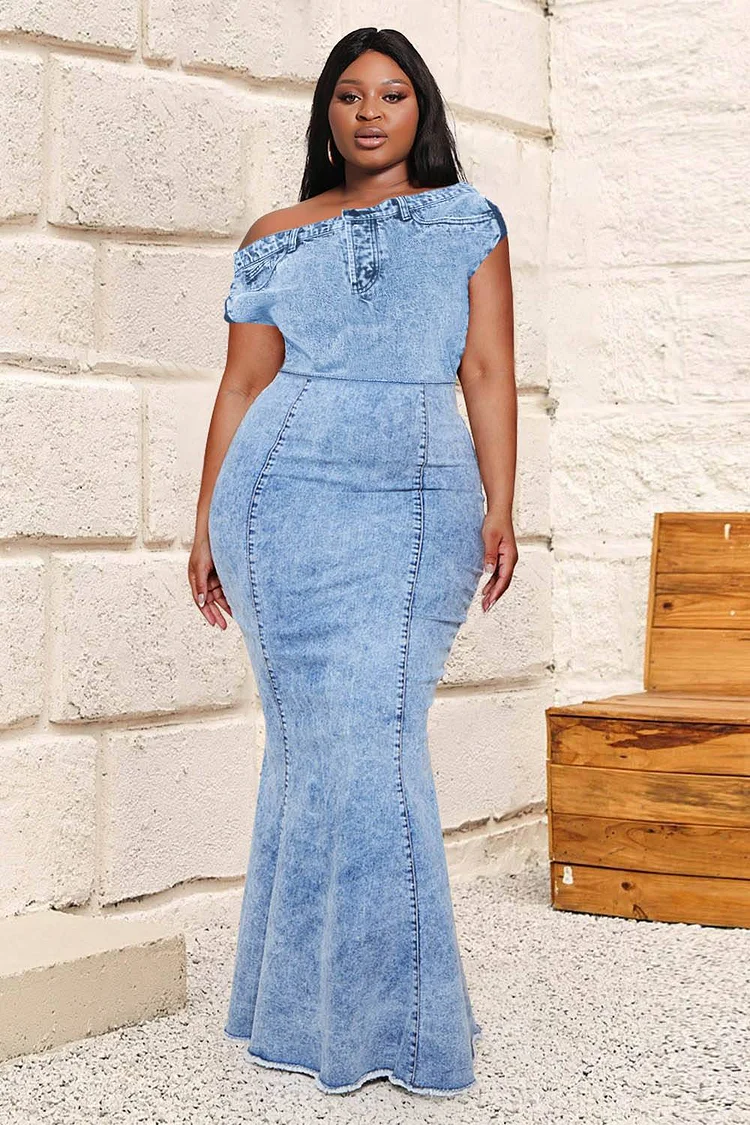 Xpluswear Design Plus Size Semi Formal Dress Light Blue One Shoulder Zipper Denim Maxi Dress 