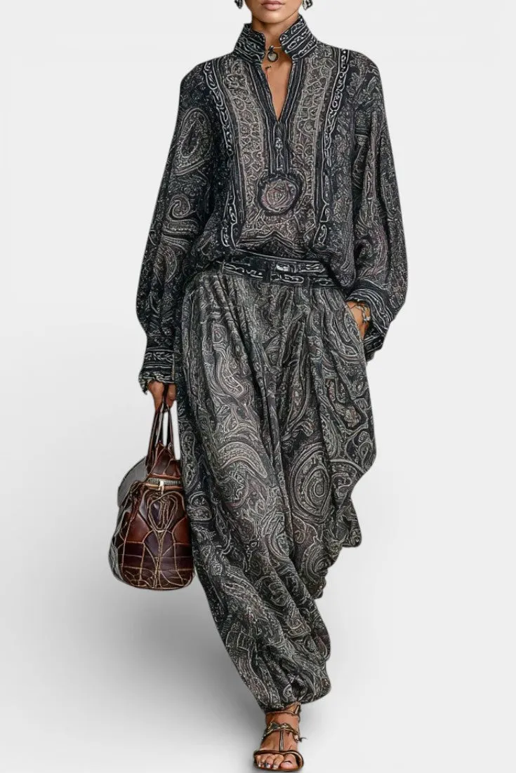 High-Neck Paisley Long-Sleeve Ensemble