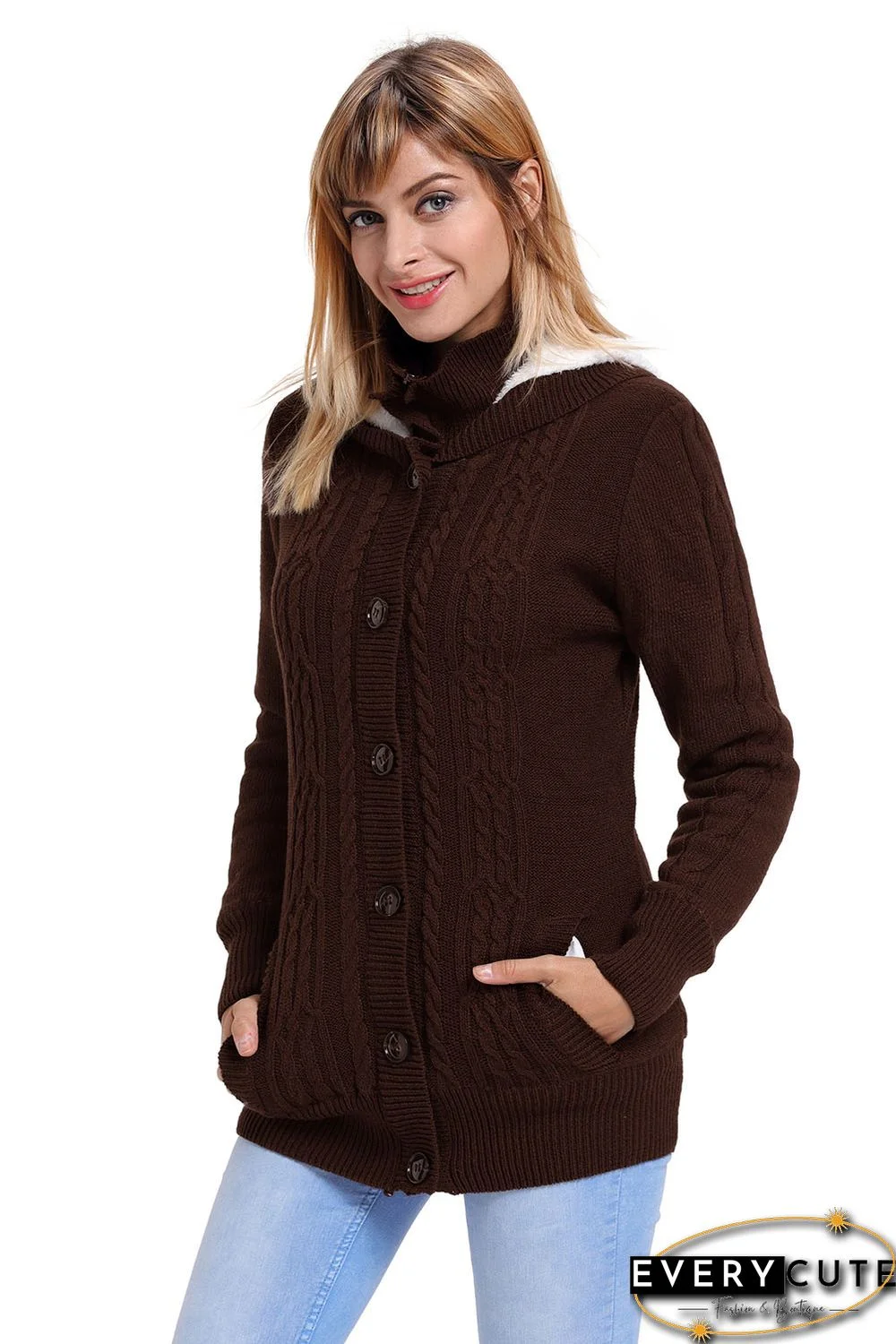 Brown Long Sleeve Button-up Hooded Cardigans