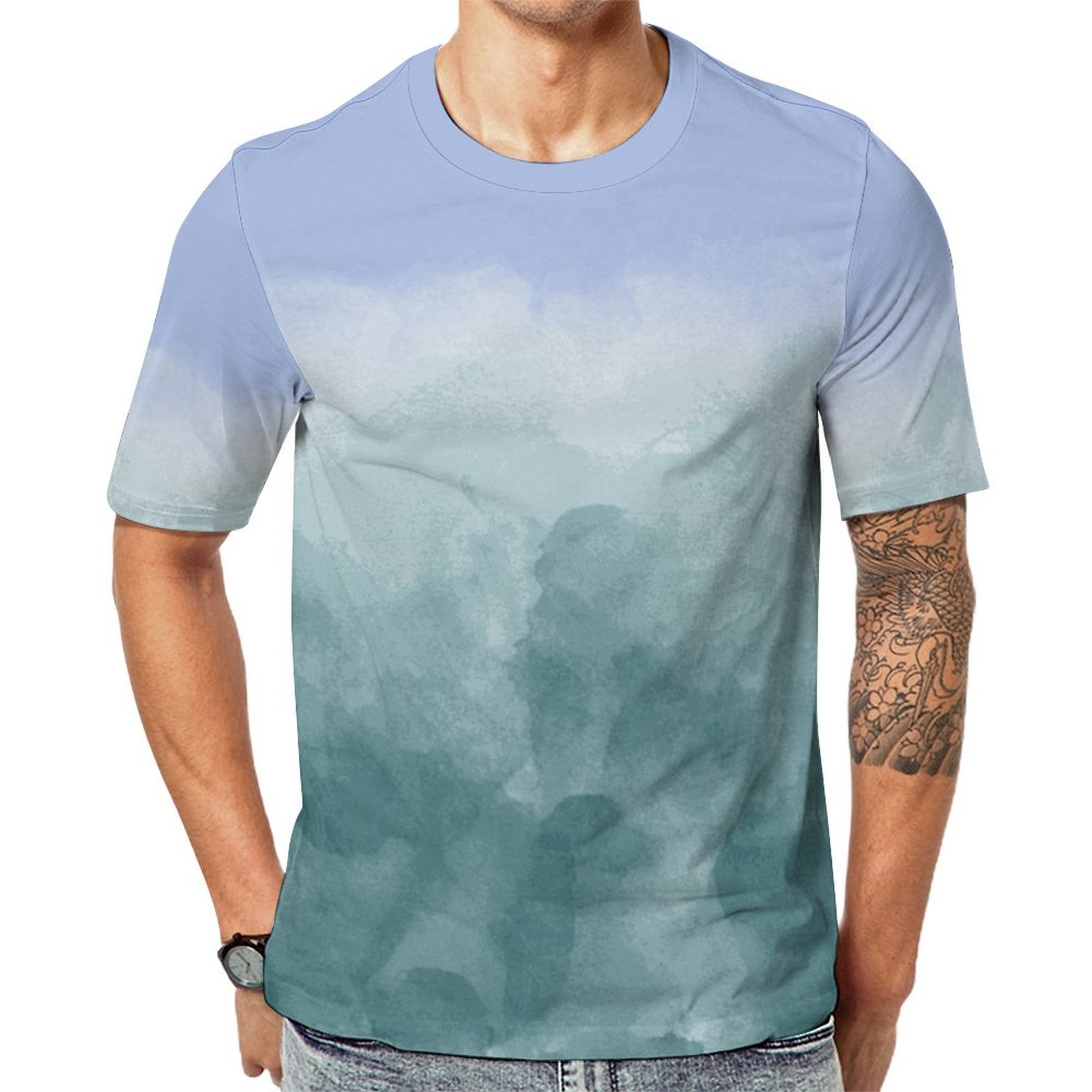 Tie Dye Tropical Teal Blue Watercolor Short Sleeve Print Unisex Tshirt Summer Casual Tees for Men and Women Coolcoshirts