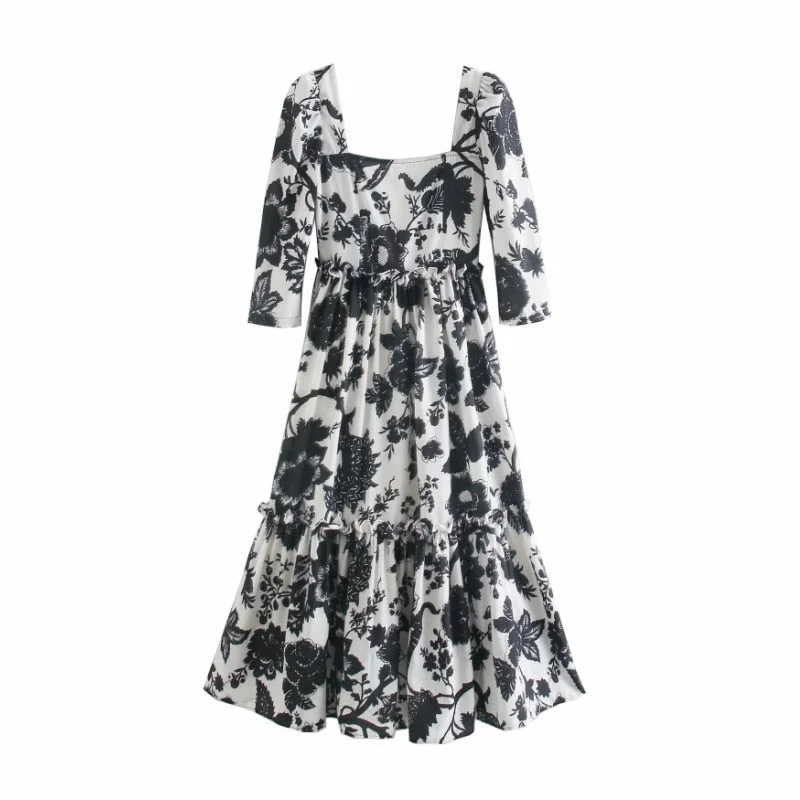 Women Flower Printing Three Quarter Sleeve Dress Casual Female Square Collar Loose Clothes Lady Vestido D6380
