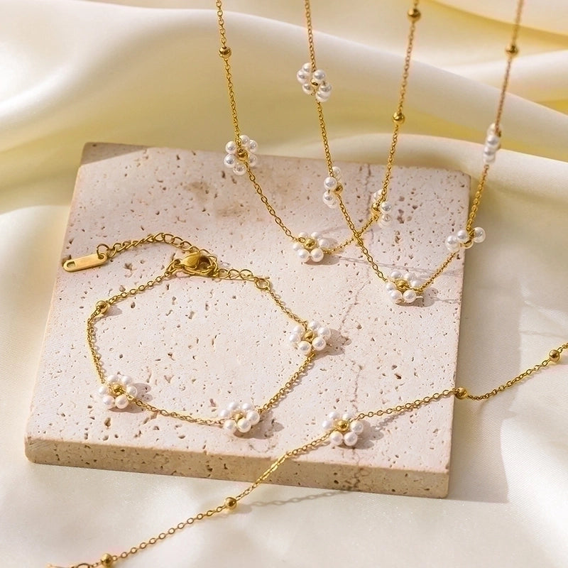 304 Stainless Steel 18K Gold Plated Elegant Minimalist Polishing Plating Inlay Flower Plastic Bracelets Necklace