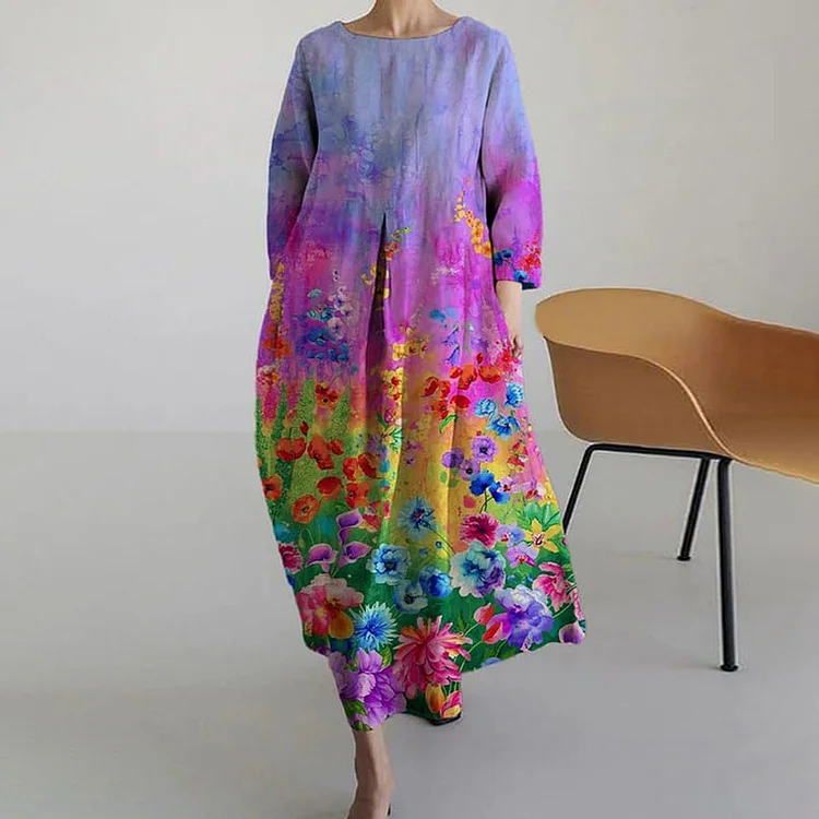 VChics Artistic Abstract Floral Print Crew Neck Casual Midi Dress