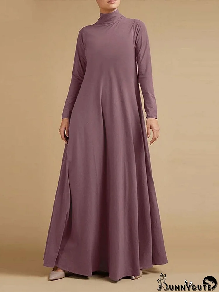 Women's Long Sleeve Turtle Neck Solid Color Maxi Dress