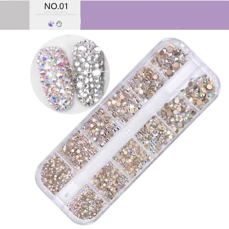 1 Box Multi Size Glass Rhinestones Mixed Colors Flat-back AB Colors Tip 3D Charms DIY Tips Manicure Nail Art Decorations