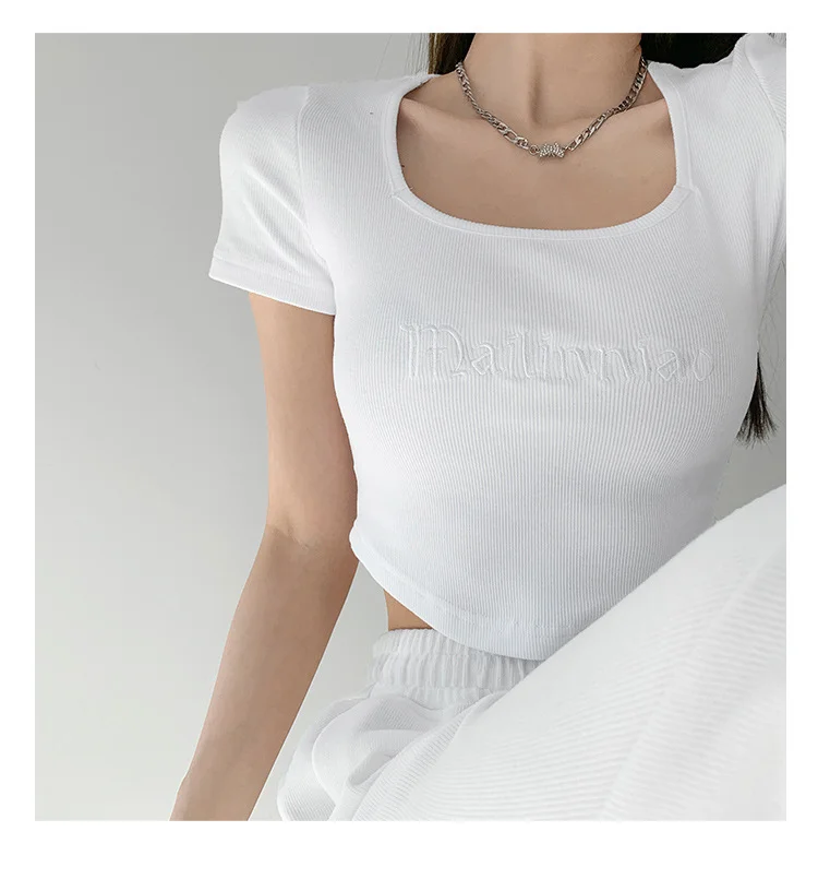 Uveng Uveng Letter Embroidered Slim Bottom Shirt Square Collar Low Breast Collarbone Short-Sleeve T-Shirt Midcrop High Waist Top