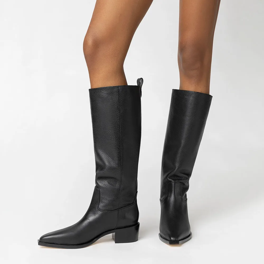 Women's Black Pointed Toe Mid Block Heel Fashion Knee High Boots