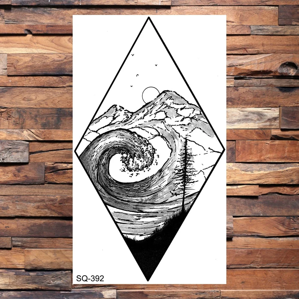 Small Forest Pine Tree Temporary Tattoos For Women Men Realistic Whale Mountain Sea Wave Fake Tattoo Sticker Arm Body Tatoos