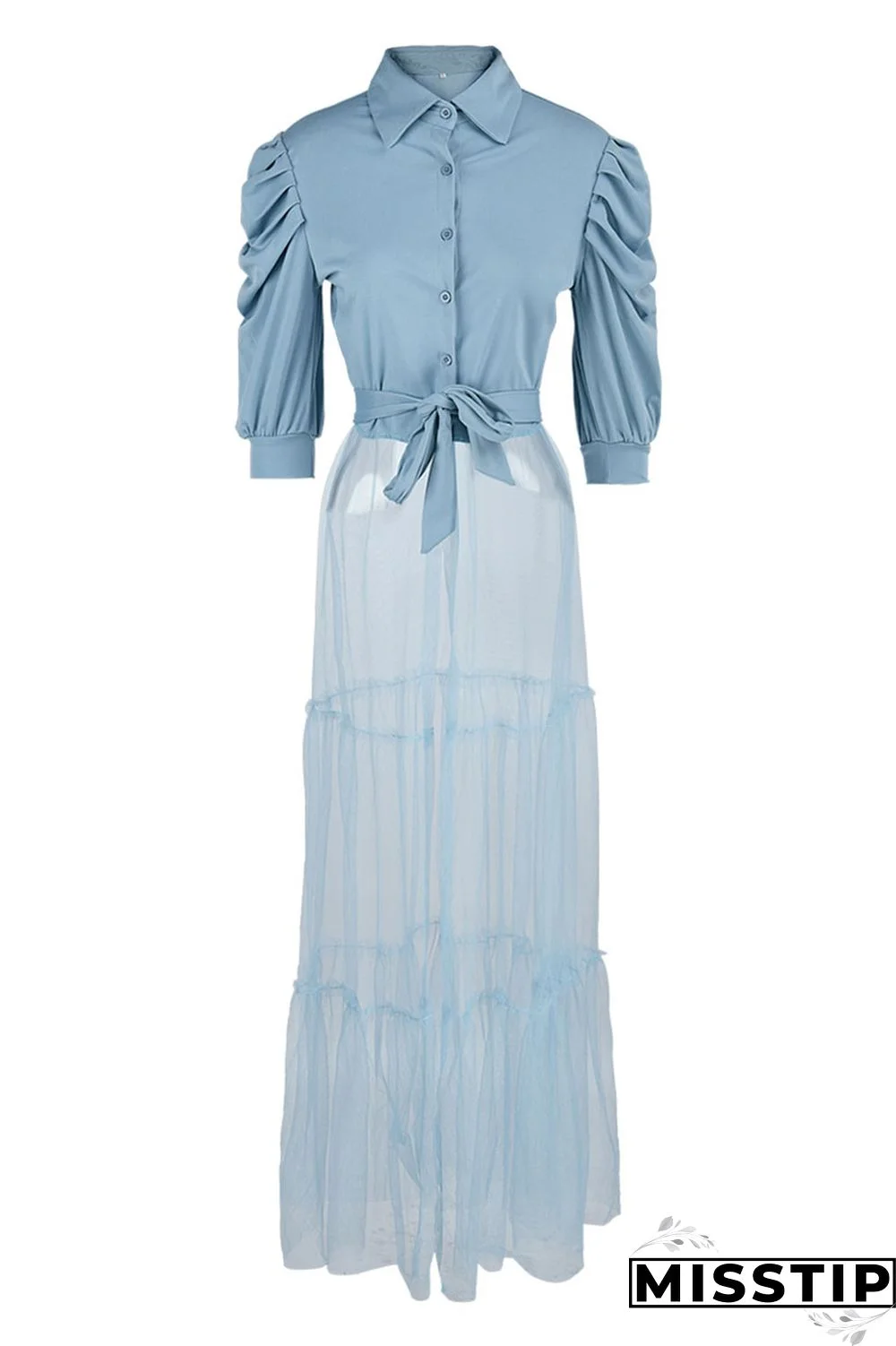 Yellow Fashion Casual Solid Patchwork Mesh Turndown Collar Shirt Dress