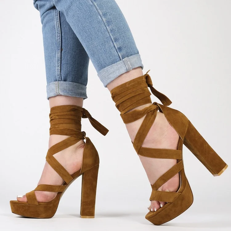 Brown Chunky Heels Strappy Platform Sandals Open Toe High Heel Sandals |FSJ Shoes