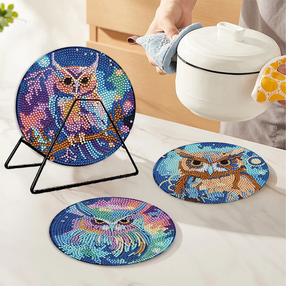 4pcs DIY Owl Wooden Diamond Painted Placemats for Dining Table Decor(15*15cm)