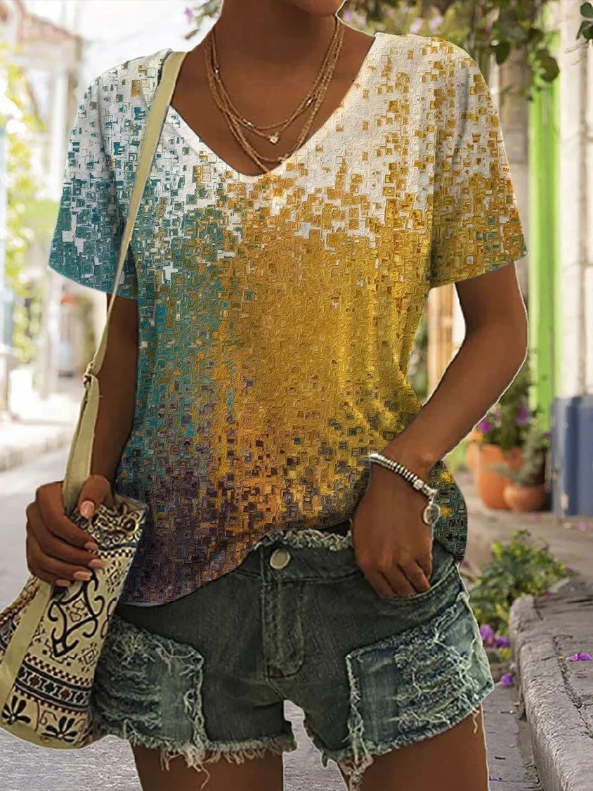 Women's Short Sleeve V-neck Colorblock Graphic Printed Tops