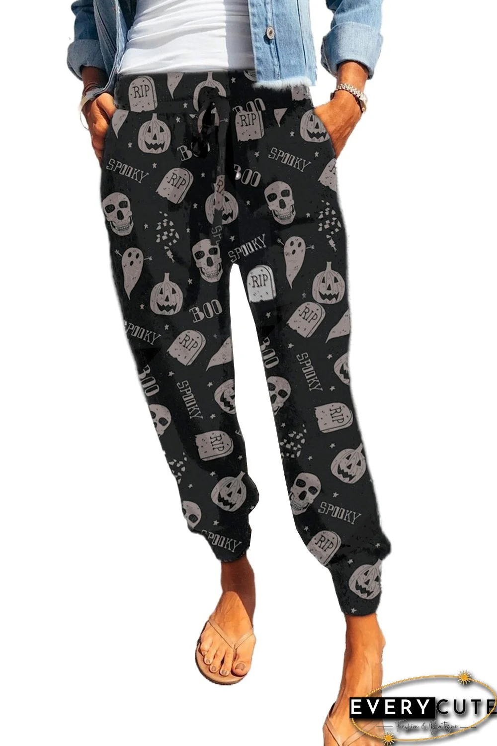 Black Halloween Skull Ghost Print Sweatpants