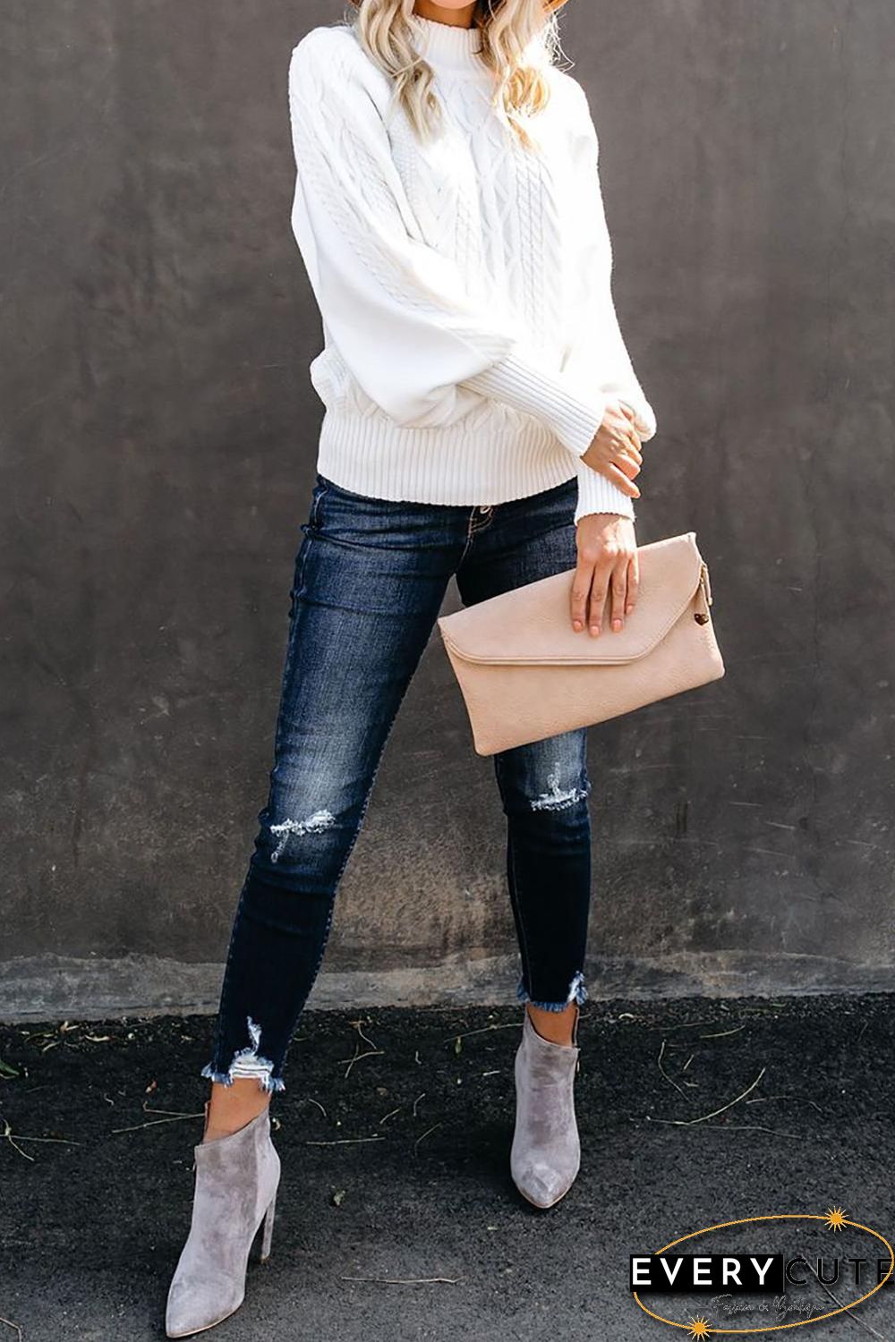 White Housewarming Cable Knit Balloon Sleeve Sweater