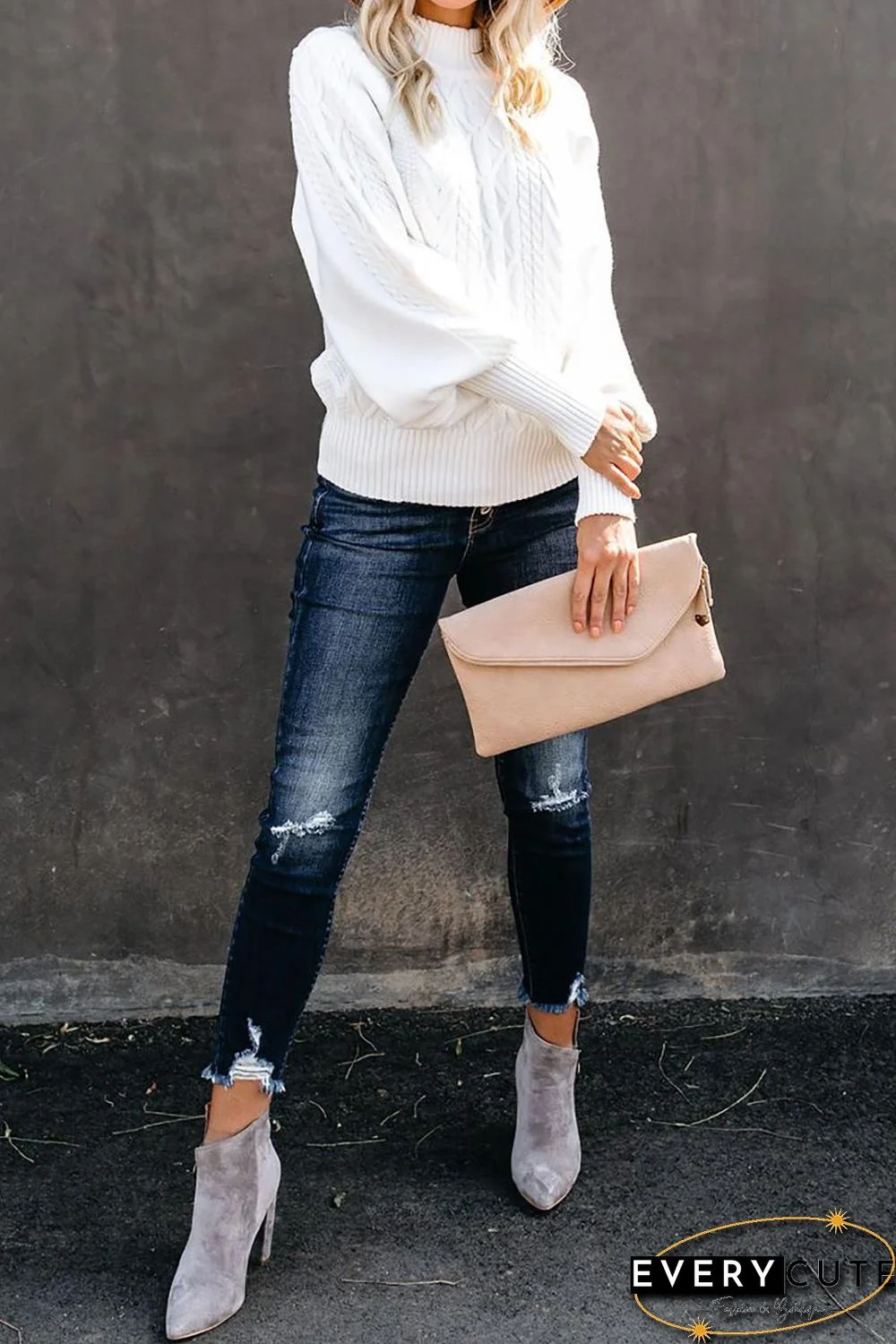 White Housewarming Cable Knit Balloon Sleeve Sweater