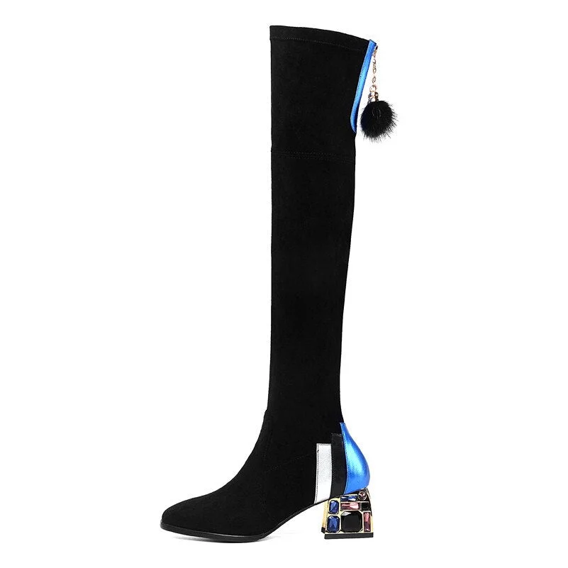 Boots Women Winter High Boots Rhinestone Block Heels Stretch Knee High Boots Winter Sexy Over The Knee Sock Shoes Botas Mujer