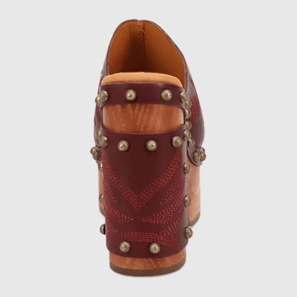 Maroon Chunky Heel Platform Embroidered Mules for Women with Studded