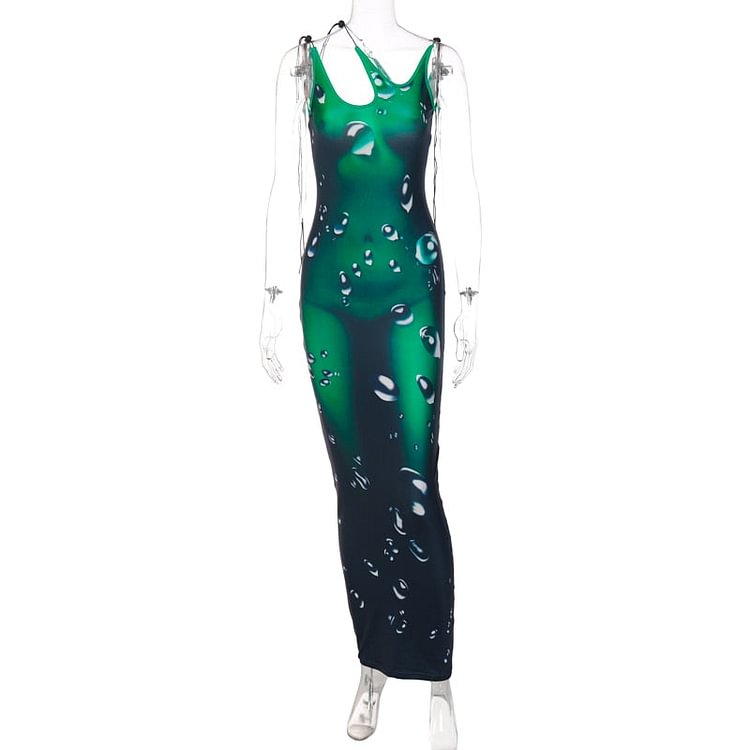 Hugcitar Drip Print Asymmetrical Neck See Through Sleeveless Skinny Maxi Dress 2021 Fall Bodycon Evening Party Elegant Y2K Robe