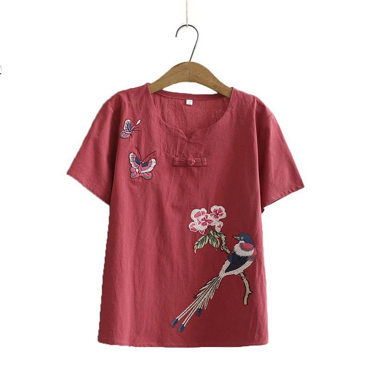 Vintage Bird Embroidery Buckle T-Shirt Pants Set - Modakawa modakawa