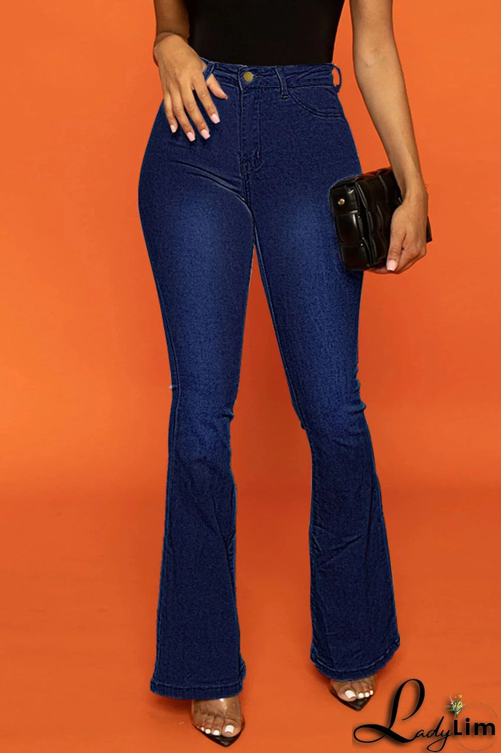 Dark Blue Casual Solid Patchwork High Waist Boot Cut Denim Jeans