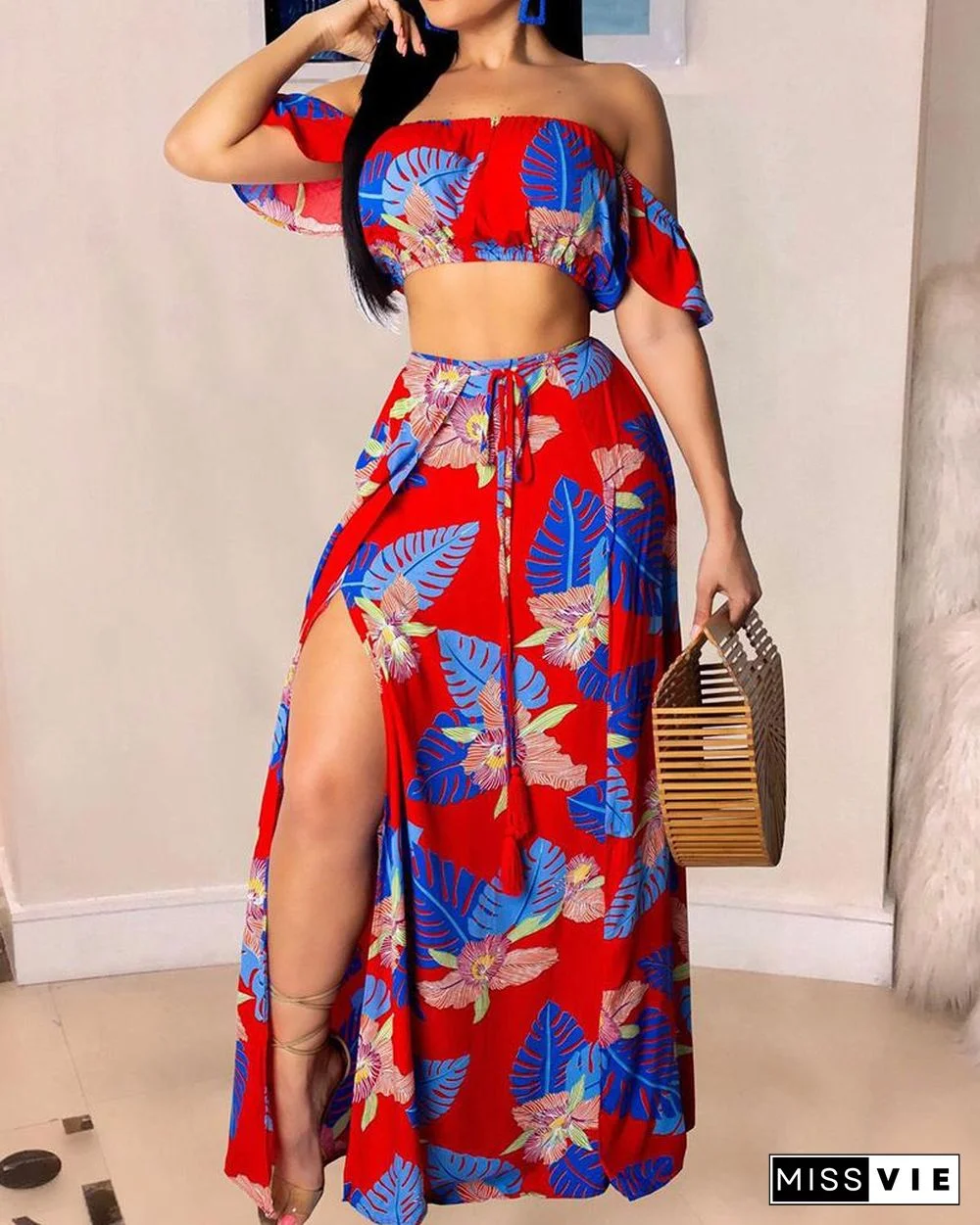 Off Shoulder Tropical Print Crop Top & High Slit Maxi Skirt Set