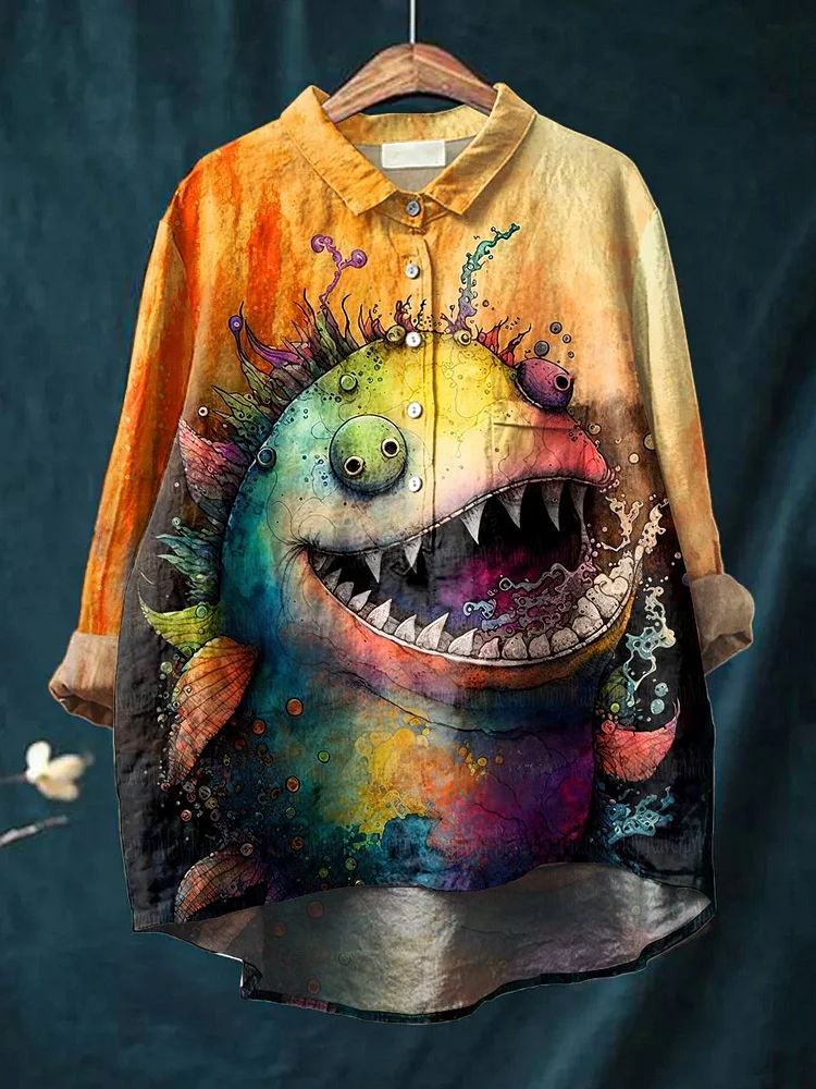 Women's Funny Art Print Casual Cotton And Linen Shirt
