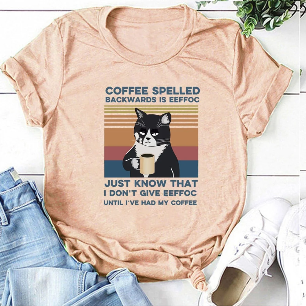 Coffee Spelled Backwards Is Eeffoc Cat Printed T-shirts Women 2020 Graphic Tee Funny Woman Tshirts Casual  Short Sleeve Clothing