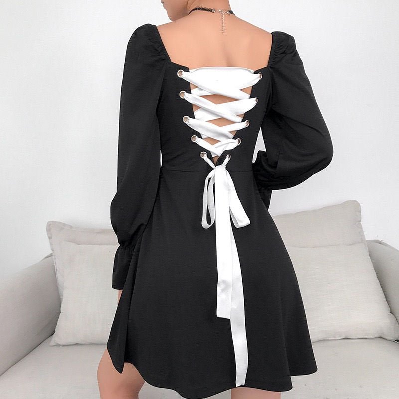 Vintage Black Goth Dress Woman Clothes Backless Sexy Bandage Dress With Long Sleeve Off Shoulder Puff Sleeve Elegant Tunics