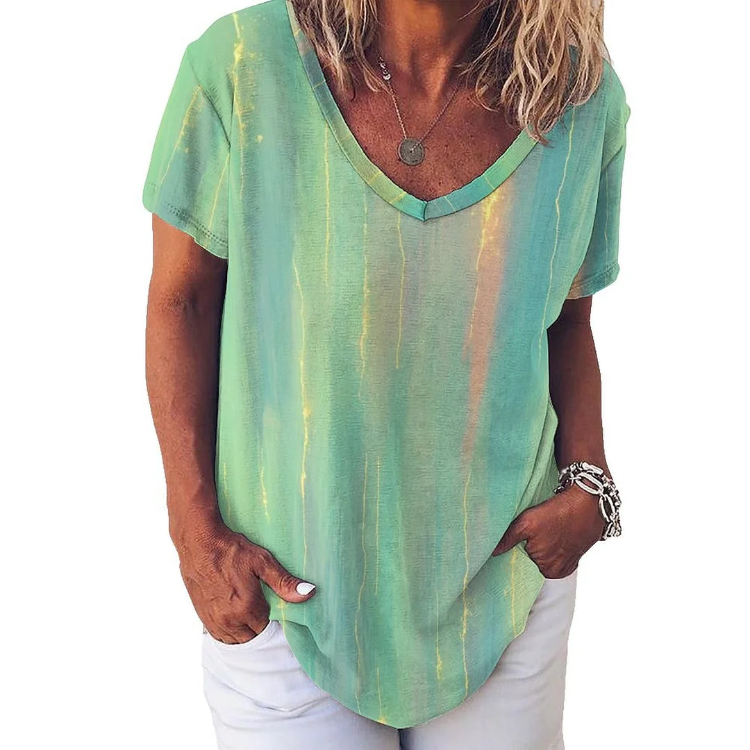 V-neck Short Sleeve Casual T-shirt for  Women Printed with Pattern Green, Blue, Glitter