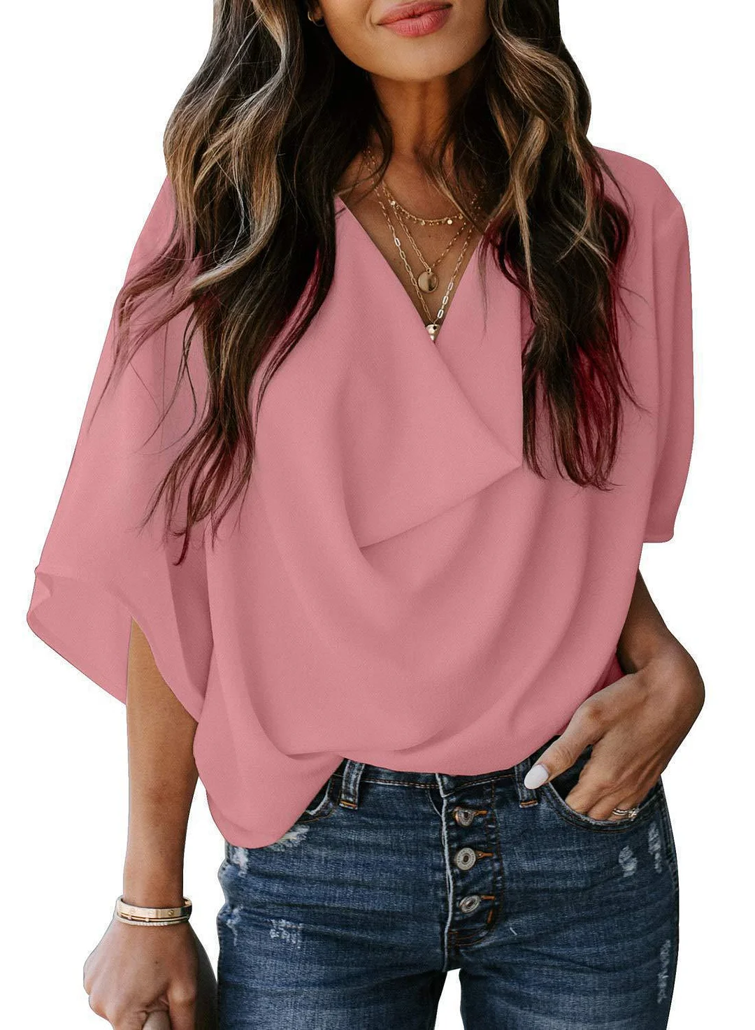 Uveng Summer V-neck Loose Half Sleeve Blouses