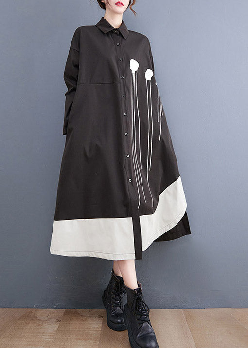VCSHOES Black Peter Pan Collar Button Patchwork Long Dresses Long sleeve