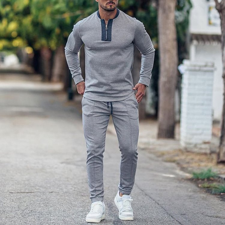 BrosWear Men'S Round Neck Zipper Solid Color T-Shirt And Short Co-Ord