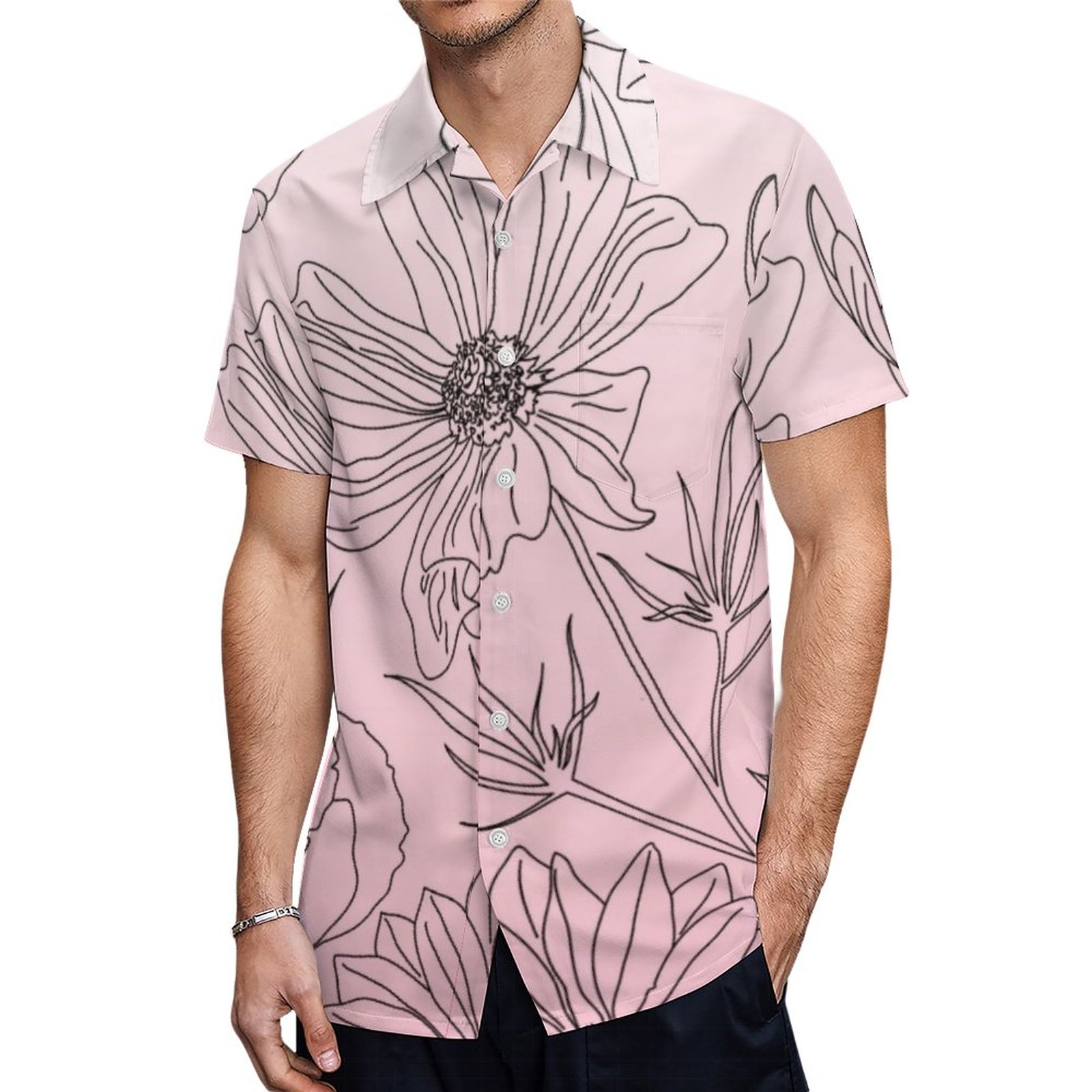 Elegant Flowers Black Outline Pink Gradient Design Hawaiian Shirt Mens Button Down Tropical Hawaii Beach Shirts