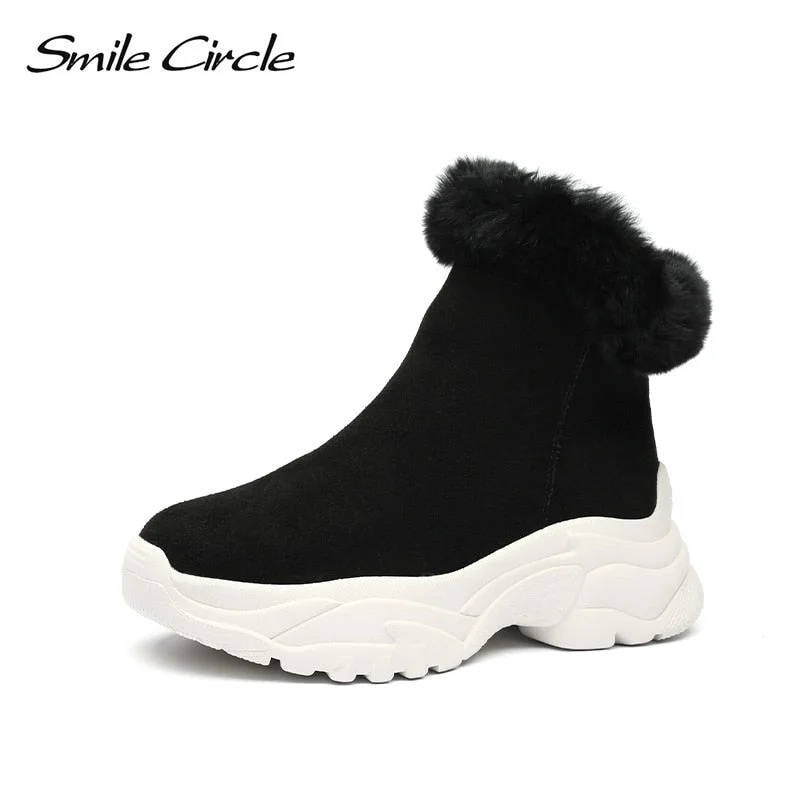 Smile Circle Suede leather Ankle Boots Women Flat platform shoes winter plush Keep warm Thick bottom Short Boots Ladies snow boo