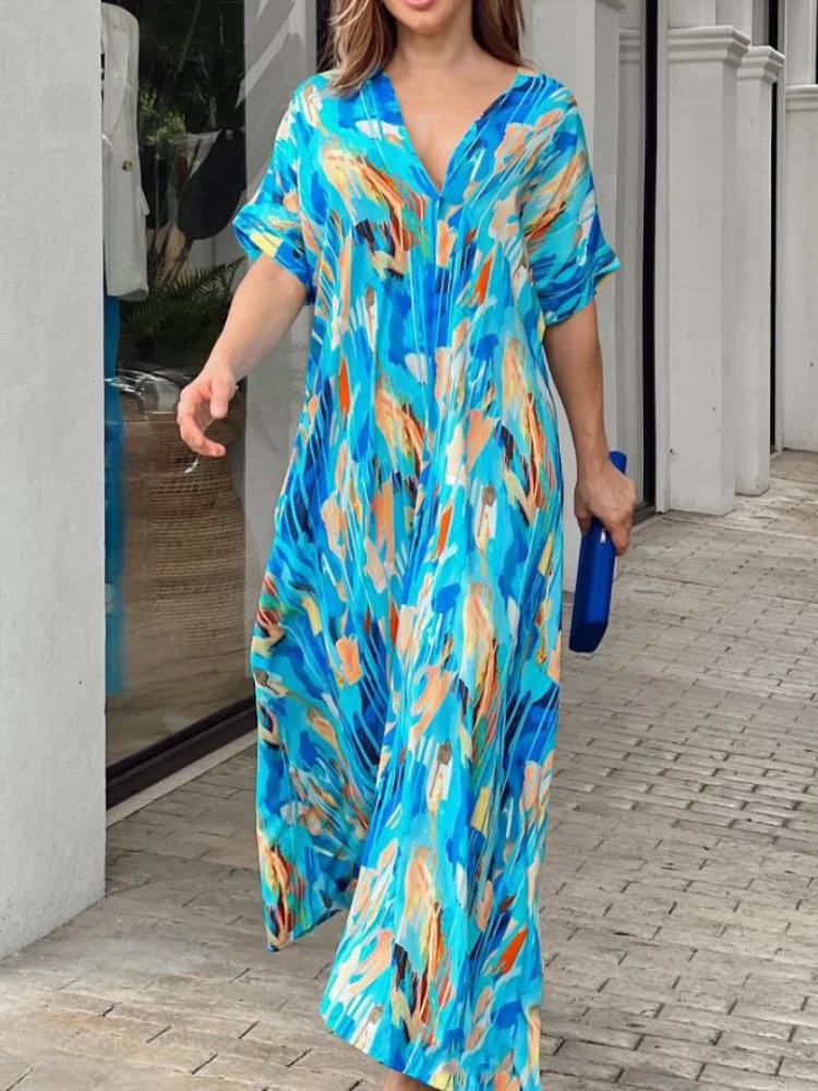 High Waist Printed Short Sleeve V-neck Maxi Boho Dress VangoghDress