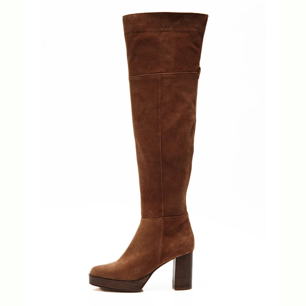 Brown Square Toe Chunky Heel Platform Over the Knee Boots with Zipper
