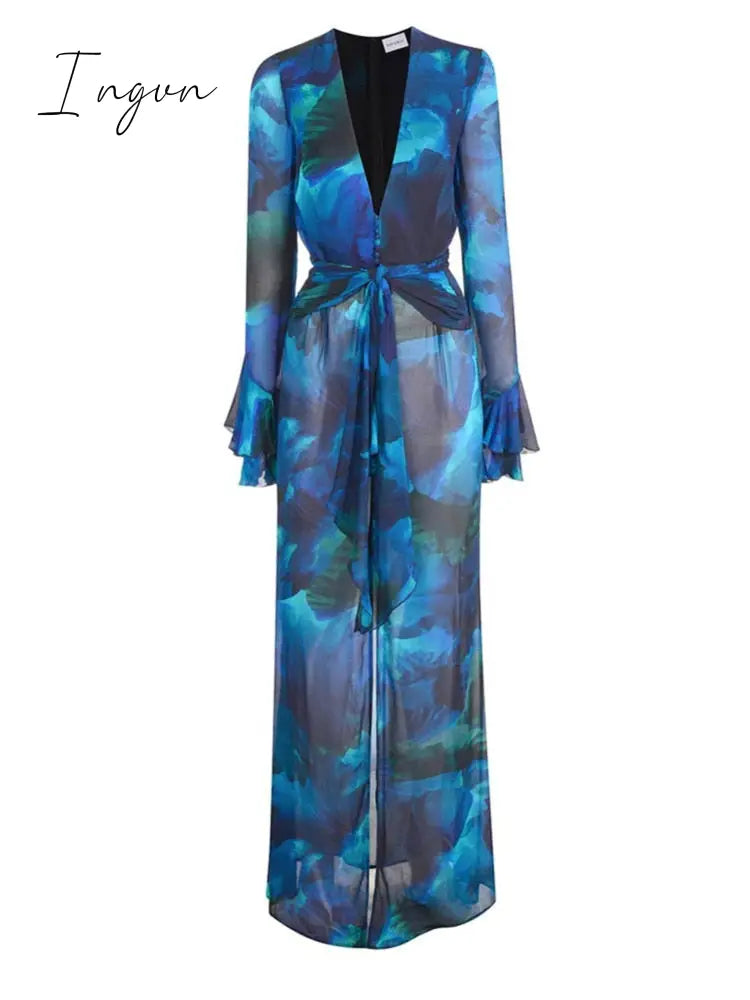 Ingvn - Chiffon Print Maxi Dress Women V Neck Flare Sleeve With Belt High Split Dresses Female