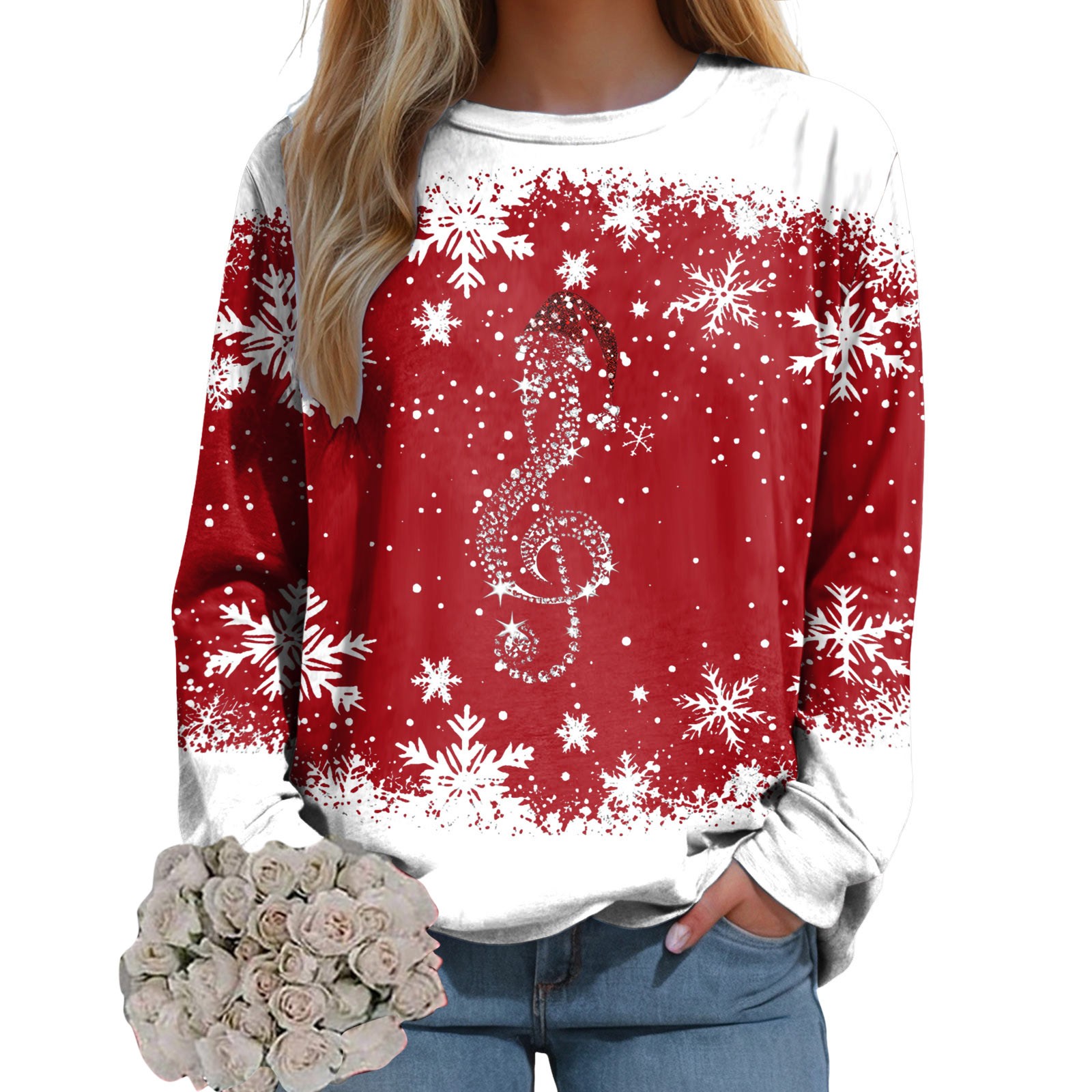 Oneswheels costumes for adult women Christmas New Year Hoodless 2025 Women Long Sleeve Pullover Xmas Pattern Printed Round Neck Sweatshirt Casual Loose Comfy Tops
