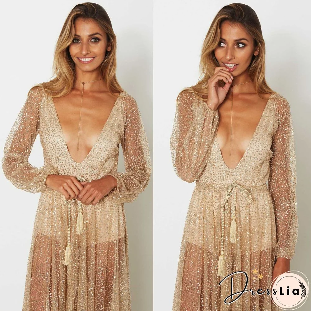 Gitter Sequins Deep Plunge Tie Waist Long Sleeve Sheer Mesh Dress