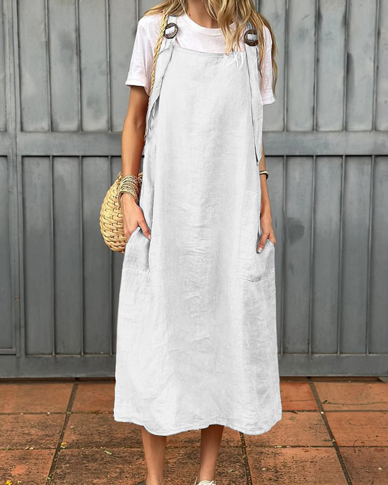 Adjustable Shoulder Strap Side Pockets Solid Color Simple Straight Maxi Dress