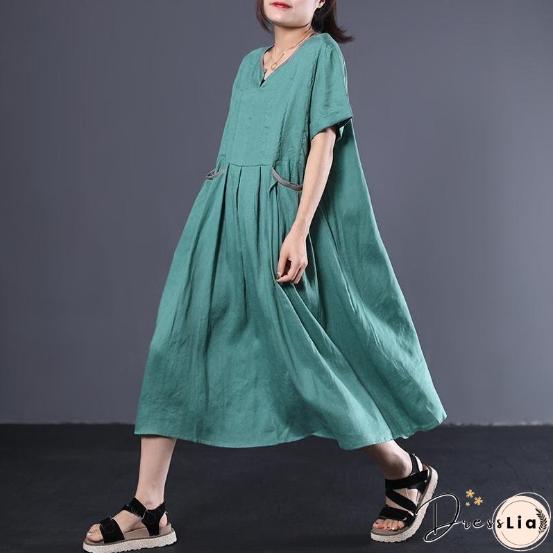 V-Neck Pleated Solid Color Loose Dress