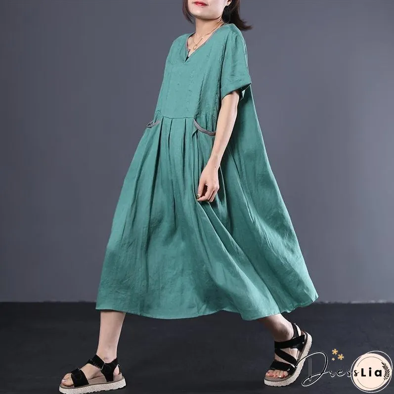 V-Neck Pleated Solid Color Loose Dress